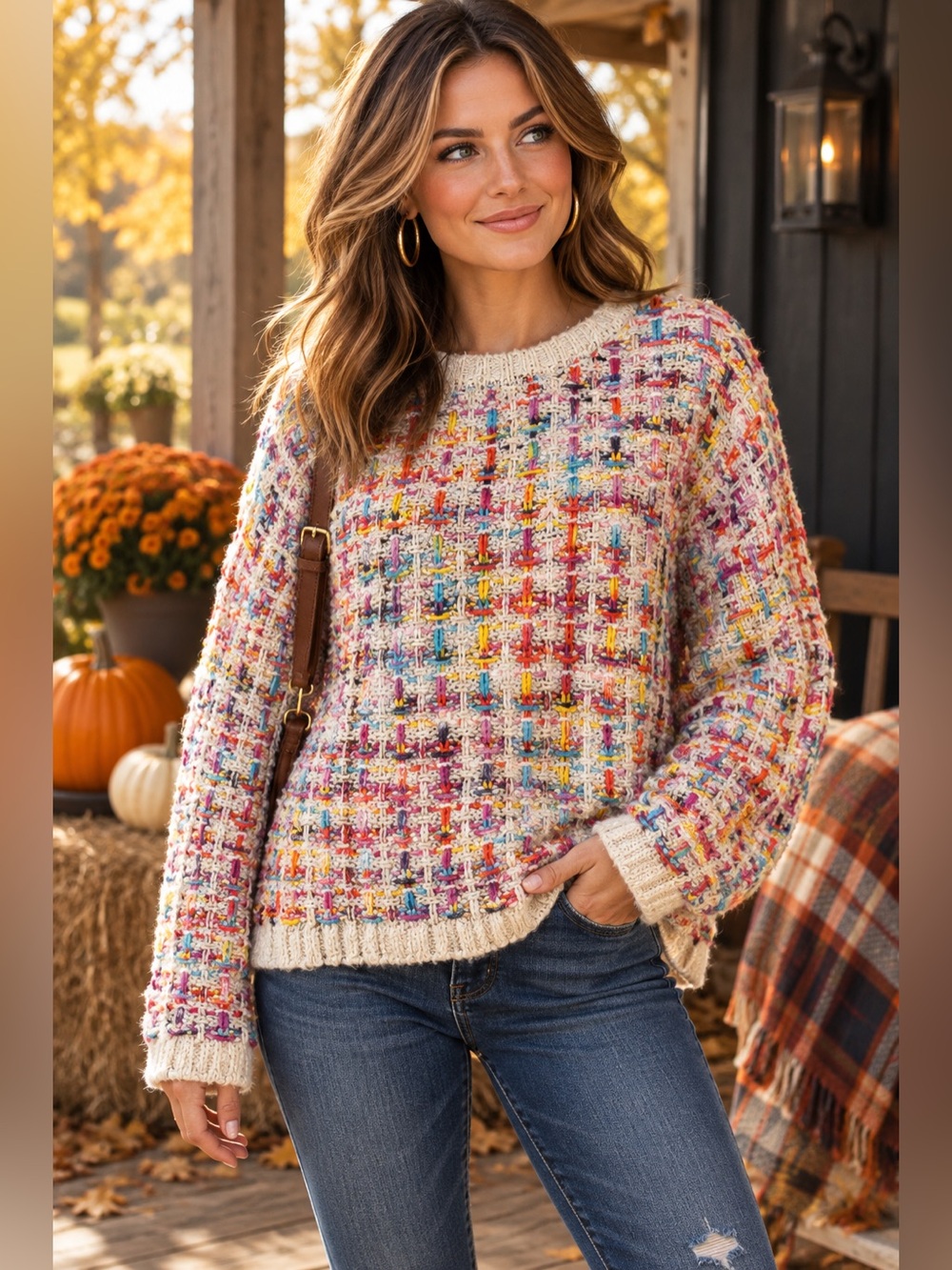 fab'rik Cream Multicolor Woven Crewneck Sweater